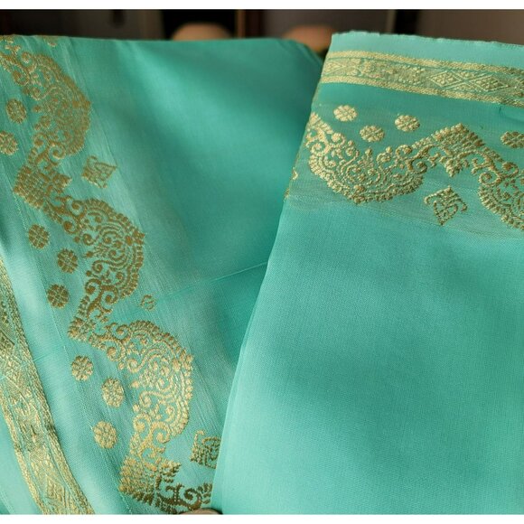 Seafoam Green Silk & Gold Banarasi Saree Sari 2 Pcs NEW 44W x 184L - Picture 3 of 16